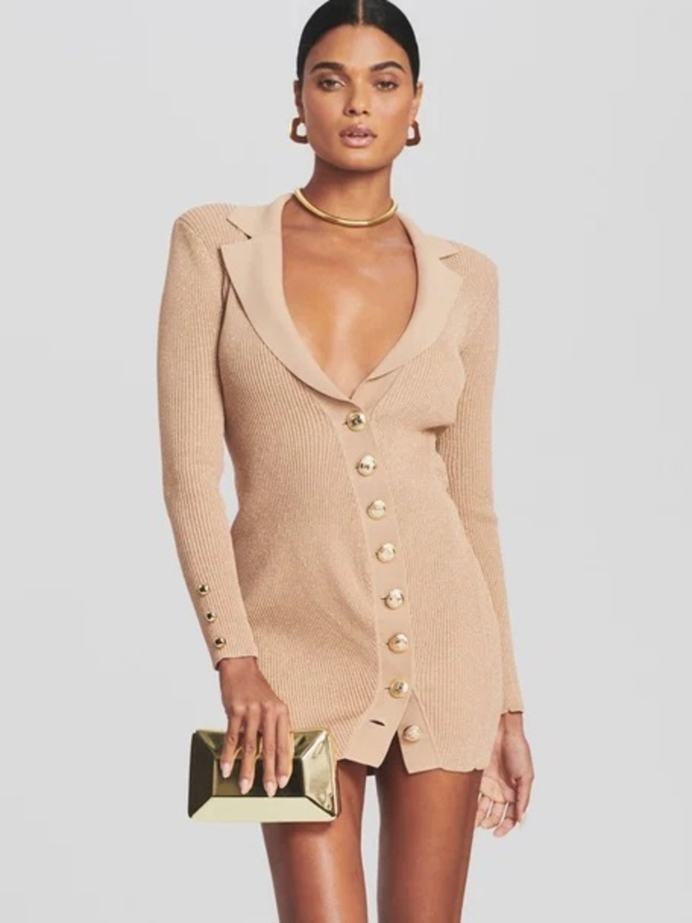 NWT Retrofete Mimi Rib Dress Long Sleeve Camel Button-Front Knit Gold Beige Tan